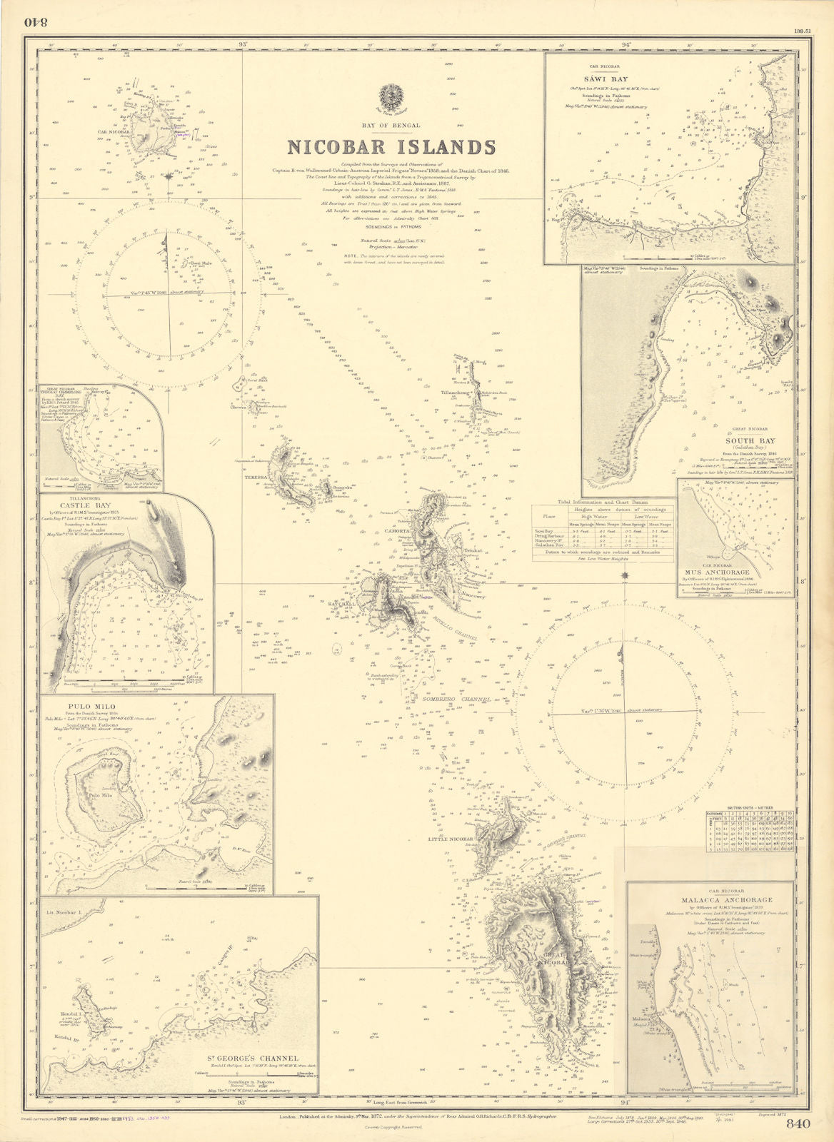 Nicobar Islands harbours India Bay of Bengal ADMIRALTY sea chart 1872 (1954) map